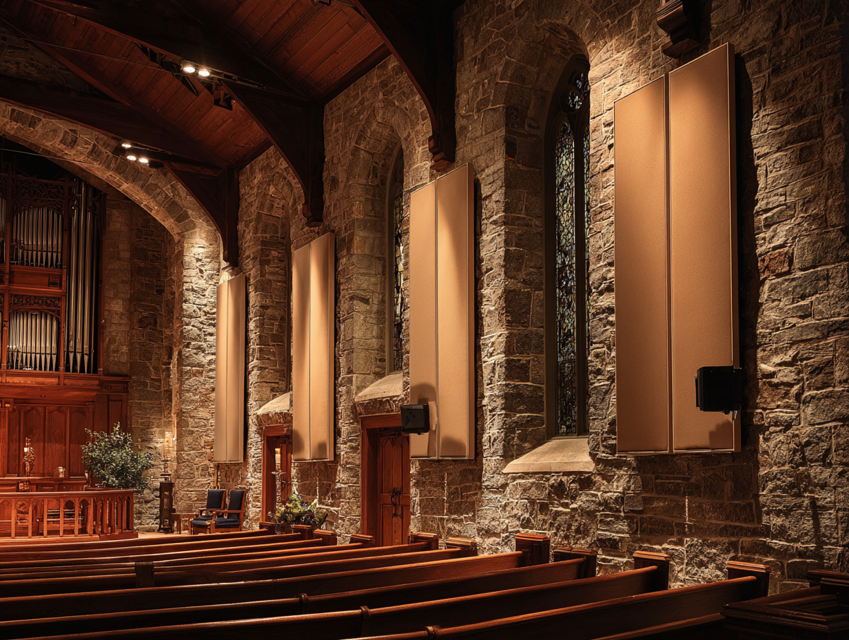 Acoustic panels mounted on stone walls of a traditional church sanctuary with vaulted ceiling